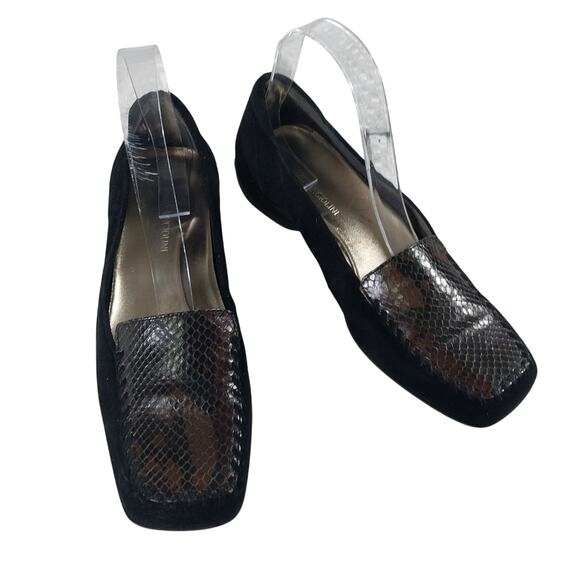 ENZO ANGIOLINI! BLACK GENUINE SUEDE LEATHER, BROWN LIZARD INSET LOAFER HEELS! 8M - Picture 2 of 10